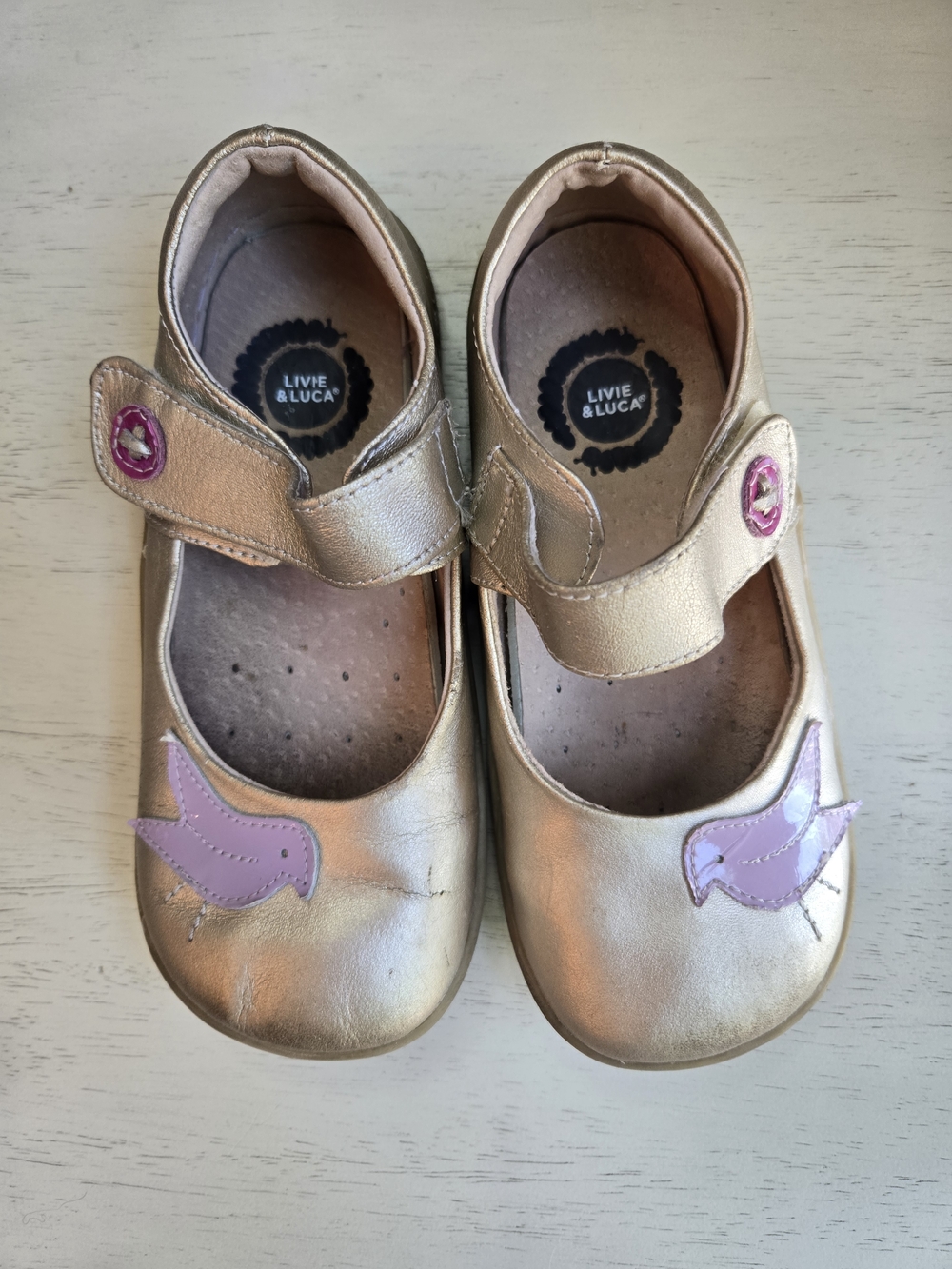 Livie & Luca Kids' Gold Mary Jane Shoes with Pink Bird Accent